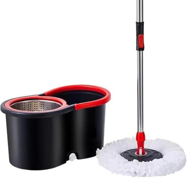 Spin Mop and Bucket Set, 360° Rotating Self-Wringing, Black and Red, 2 Microfibre Mop Heads - Image 3