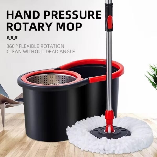 Spin Mop and Bucket Set, 360° Rotating Self-Wringing, Black and Red, 2 Microfibre Mop Heads - Image 7