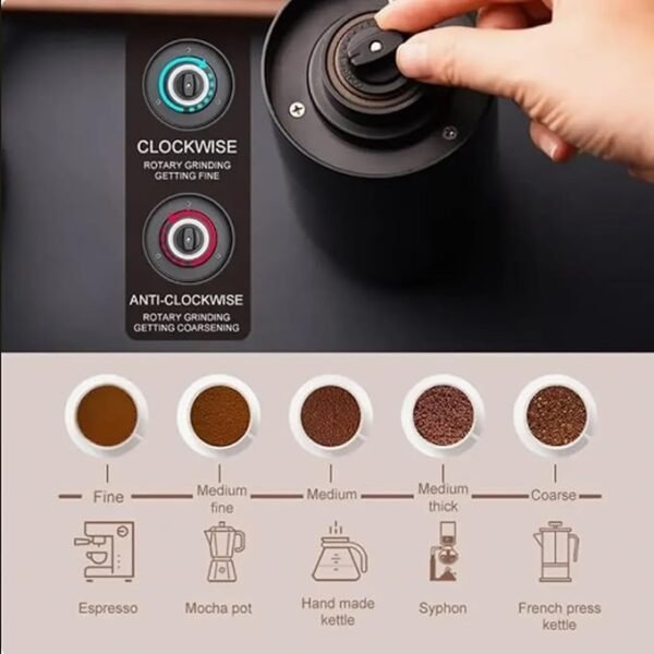 Coffee Grinder Electric Automatic Coffee Grinder مطحنة قهوة Coffee Bean Grinder Wireless w/Cleaning Brush and Removable Bowl, Adjustable Grinder Machine Setting and Rechargeable -Black - Image 3
