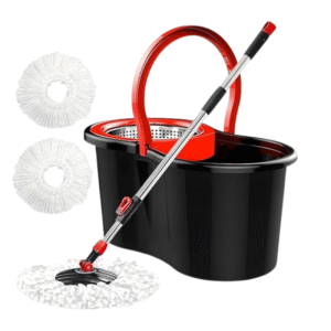 Spin Mop and Bucket Set, 360° Rotating Self-Wringing, Black and Red, 2 Microfibre Mop Heads