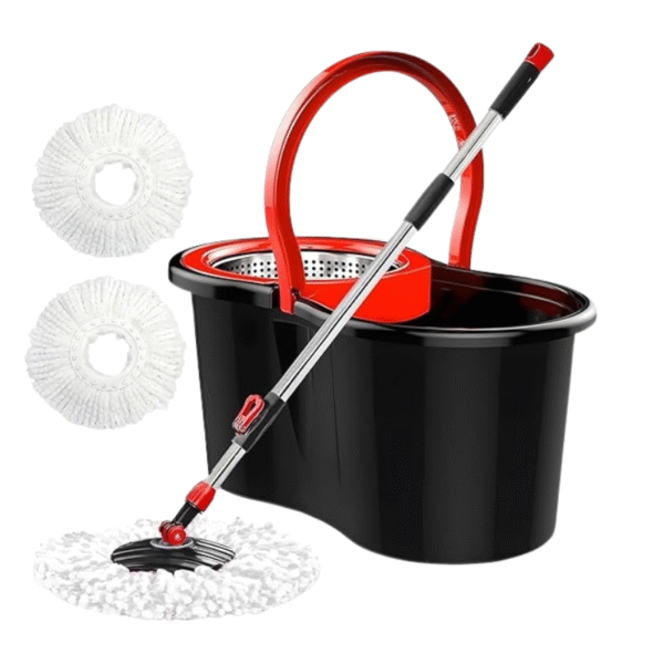 Spin Mop and Bucket Set, 360° Rotating Self-Wringing, Black and Red, 2 Microfibre Mop Heads